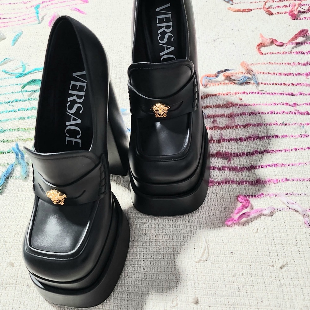 Versace Black Leather Medusa Head Double Platform Block Heel Loafers Size 38 - Picture 9 of 9
